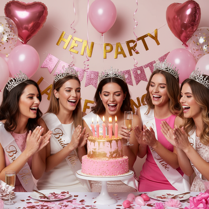 Novelty willy shaped pink candles lit on hen party cake with girls celebrating bachelorette party