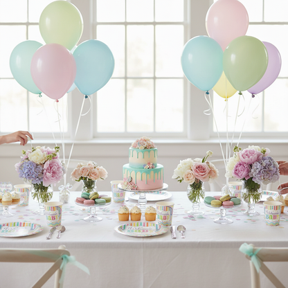Baby shower party table with Welcome Baby printed round dessert plates pastel rainbow colors matching cups and balloons