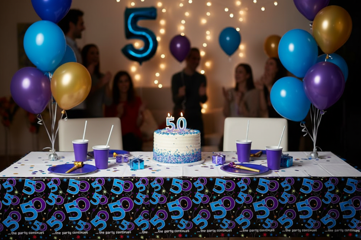 50th Birthday Plastic Tablecover party setup