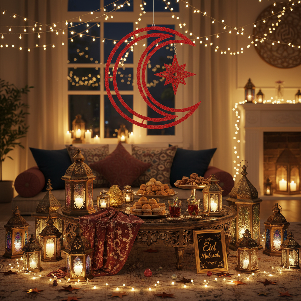 3D Red Moon & Star Ornament at Eid Celebration