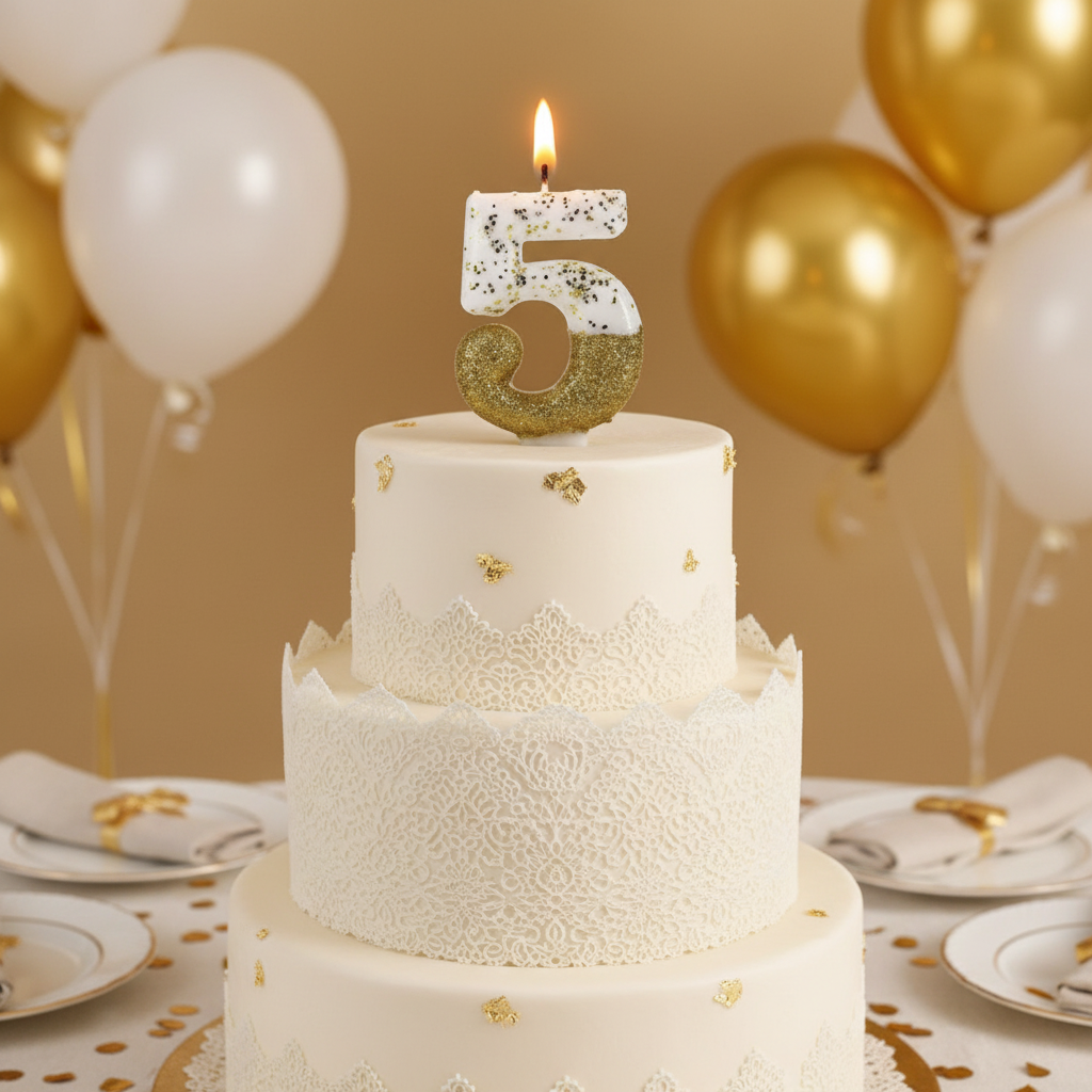 Semi glitter gold and white number 5 candle lit on white frosted birthday cake with gold balloons