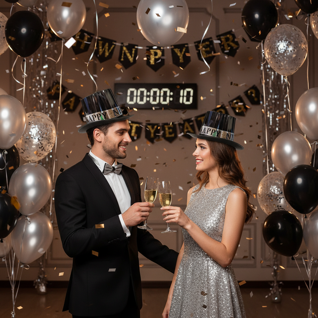 Happy New Year Black Top Hat worn by Couple at Glamorous NYE Party