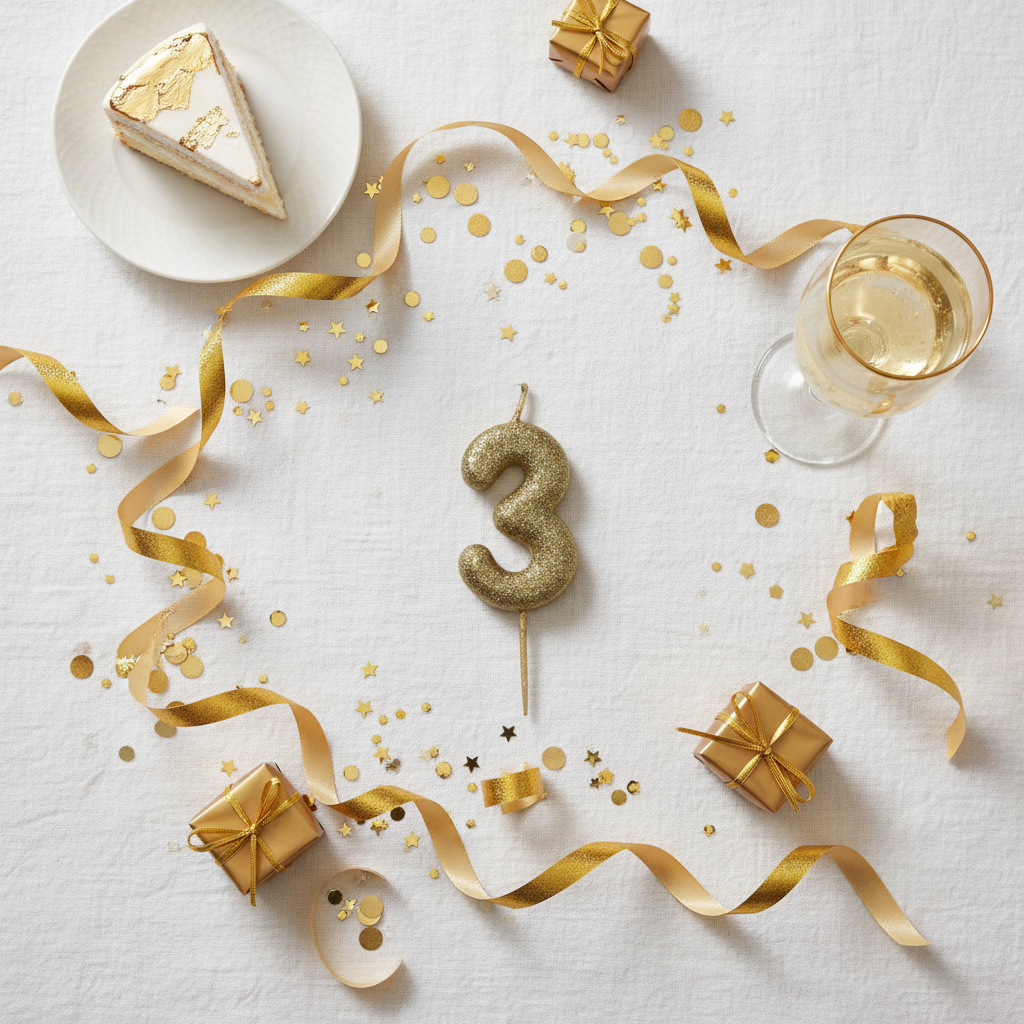 Golden glitter number 3 candle flat lay with gold ribbons gift boxes and golden party decor