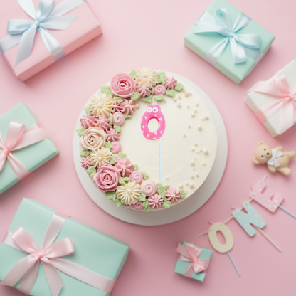 Number 0 candle flat lay with white cake, pink flowers and pastel gifts