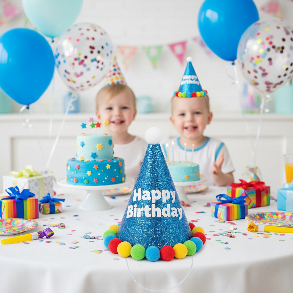 Birthday Brights Blue Cone Hat at Birthday Party Table Setup