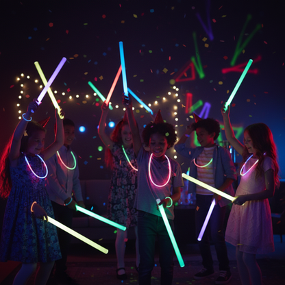 Kids waving colorful glow in the dark sticks at fun nighttime birthday glow party multicolor neon sticks in dark room