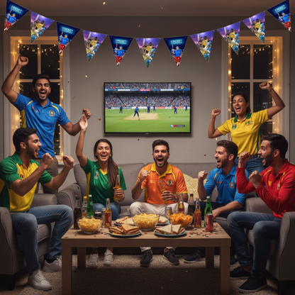 Cricket Championship bunting hung on wall at indoor cricket match viewing party with fans