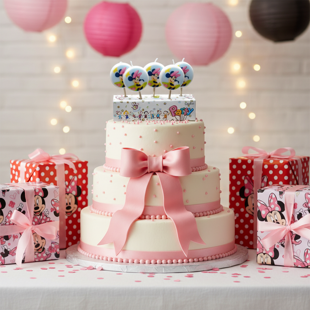 Minnie Mouse candles on white cake with Minnie themed gift boxes