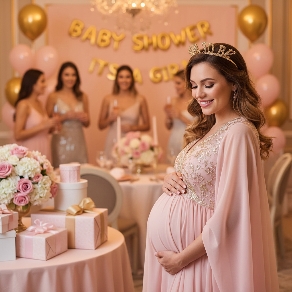 Mom To Be Gold Tiara Headband worn at Elegant Baby Shower