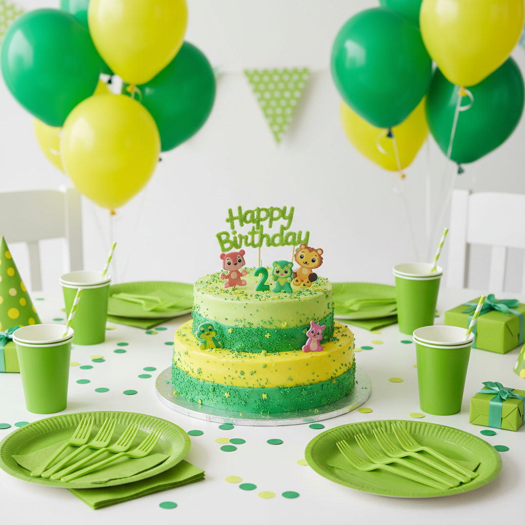 Bright lime green disposable plastic forks on kids birthday party table with green yellow balloons confetti and cake