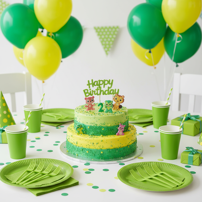 Bright lime green disposable plastic forks on kids birthday party table with green yellow balloons confetti and cake