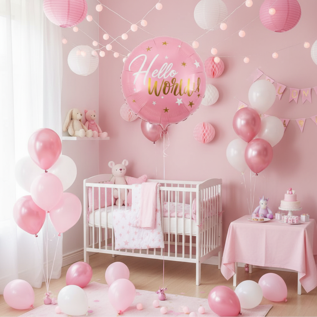 Hello World Baby Girl Balloon - Nursery Room Decoration