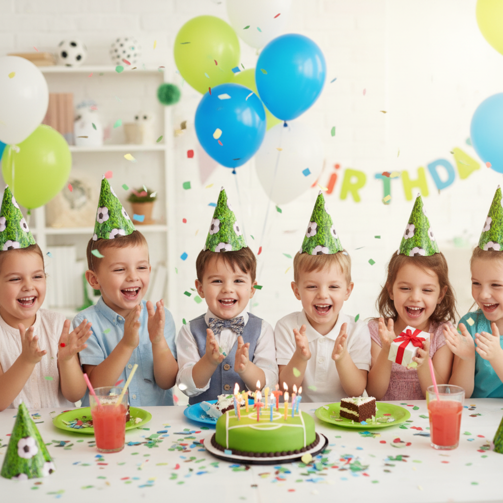 Group of happy children wearing green soccer paper caps celebrating birthday party with confetti