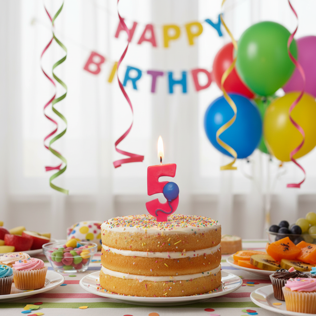 Red number 5 balloon candle lit and glowing on 5th birthday cake with colorful balloons