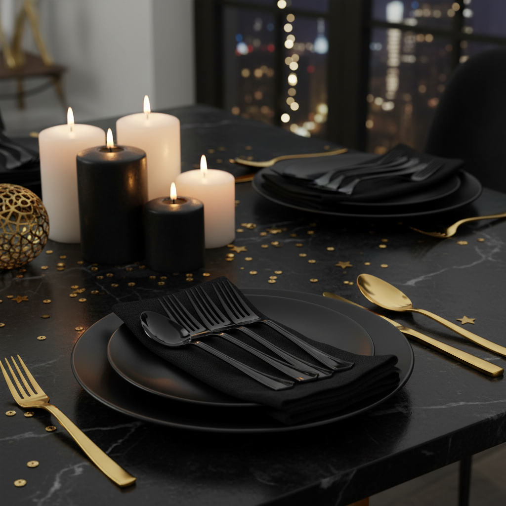 Sleek black plastic forks on elegant black and gold party table with black plates gold cutlery and candles sophisticated birthday party