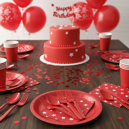 Red plastic forks on bold red themed birthday party table with red balloons confetti and cake fun vibrant party atmosphere