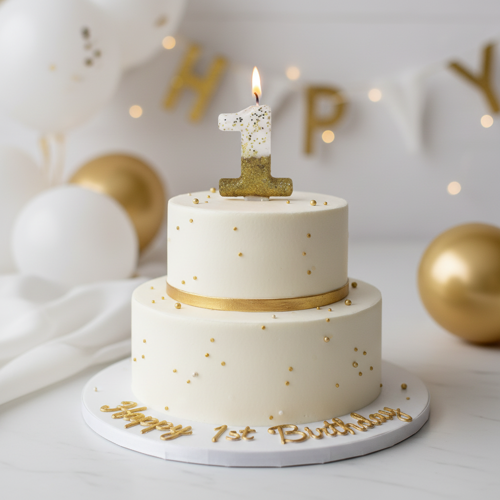 Semi glitter gold and white number 1 birthday candle on white first birthday cake with gold accents