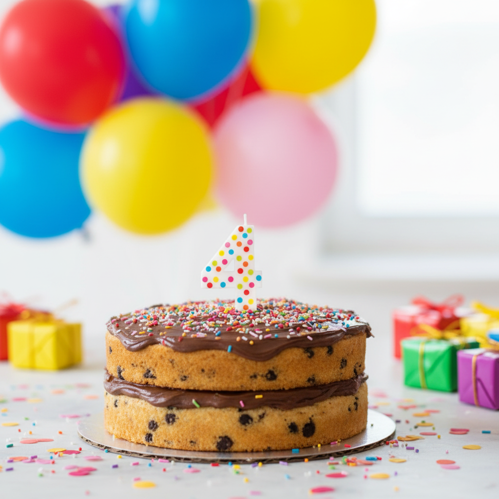 Multicolor polka dot number 4 candle on colorful cake with rainbow balloons and confetti
