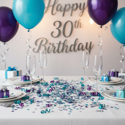 30th birthday confetti value pack with blue teal and purple star and number confetti on party table
