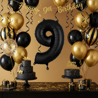 Black Number 9 Balloon - 9th Birthday Party