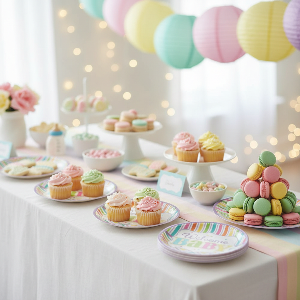 Colorful Welcome Baby shower dessert plates with pastel rainbow stripes and chevron pattern on baby shower dessert table with cupcakes