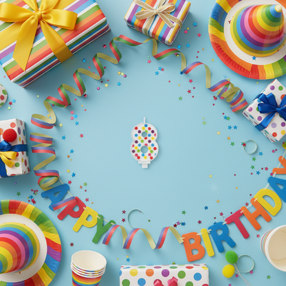 Multicolor polka dot number 8 candle flat lay with streamers gift boxes and rainbow party decor