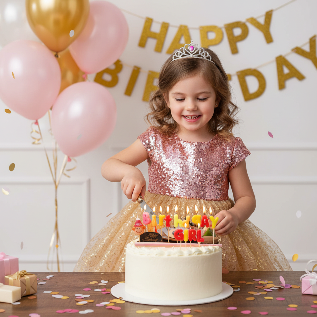 Birthday girl in party dress celebrating with cake topped with colorful Birthday Girl letter candles