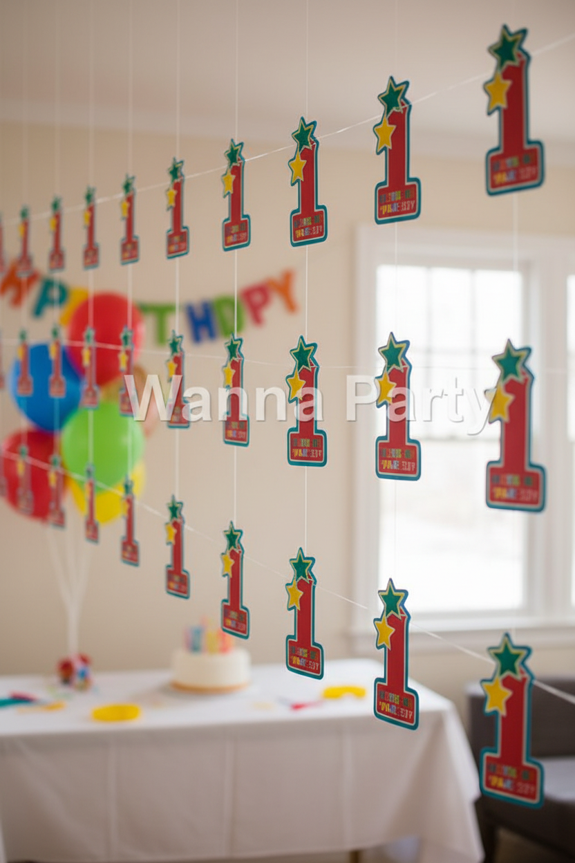 1st Birthday Boy String Decoration 7FT side angle party setup