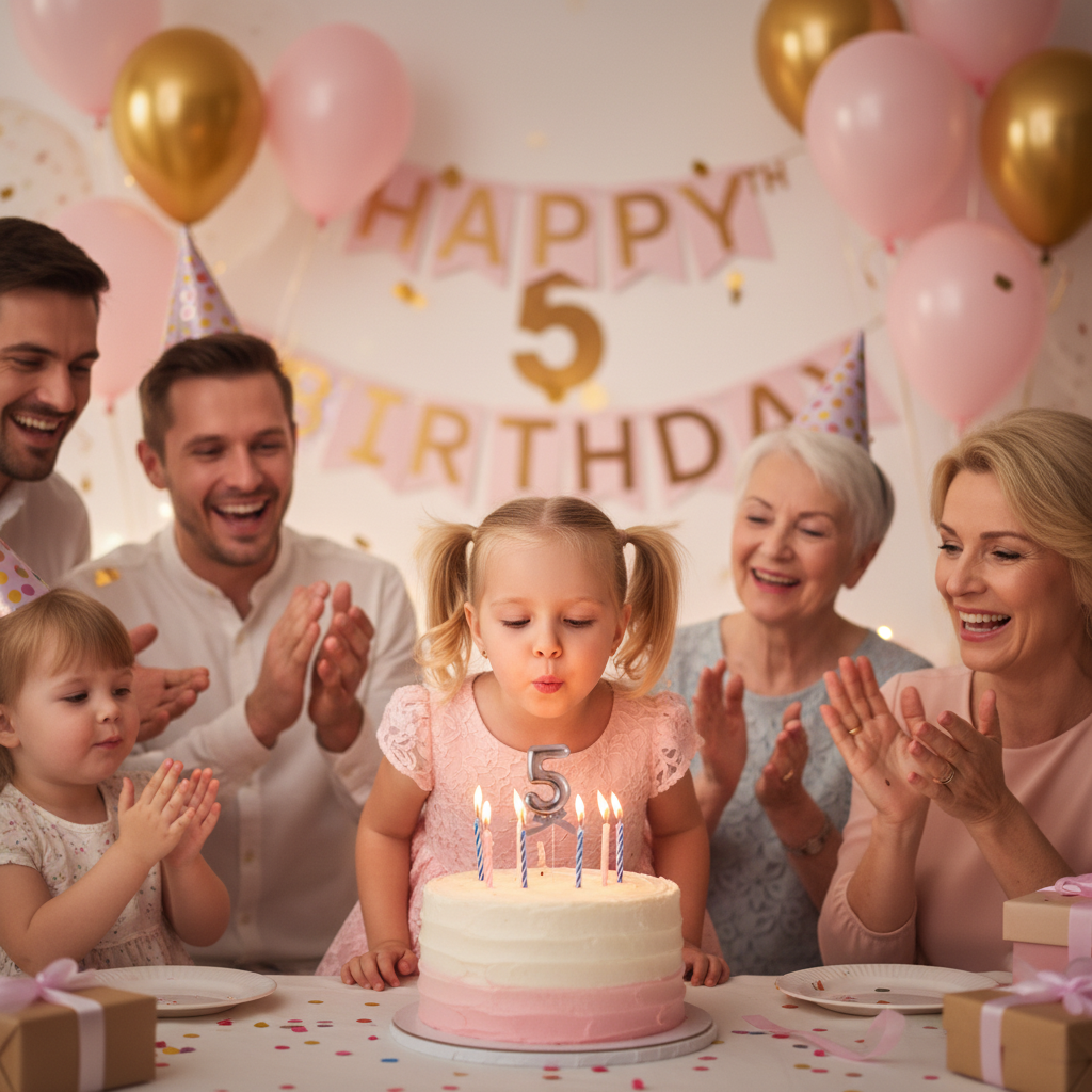 Little girl celebrating 5th birthday blowing candles on cake with rose gold number 5 topper