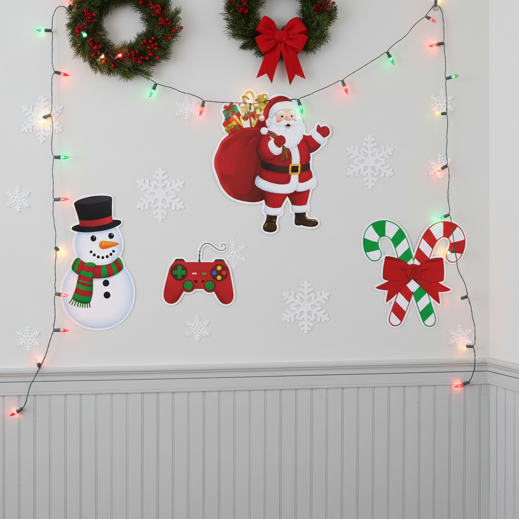 Christmas Santa Claus and Snowman cardboard cutout decorations hung on white wall with Christmas lights and wreaths