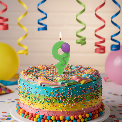 Green number 9 balloon candle on colorful birthday cake with frosting and sprinkles