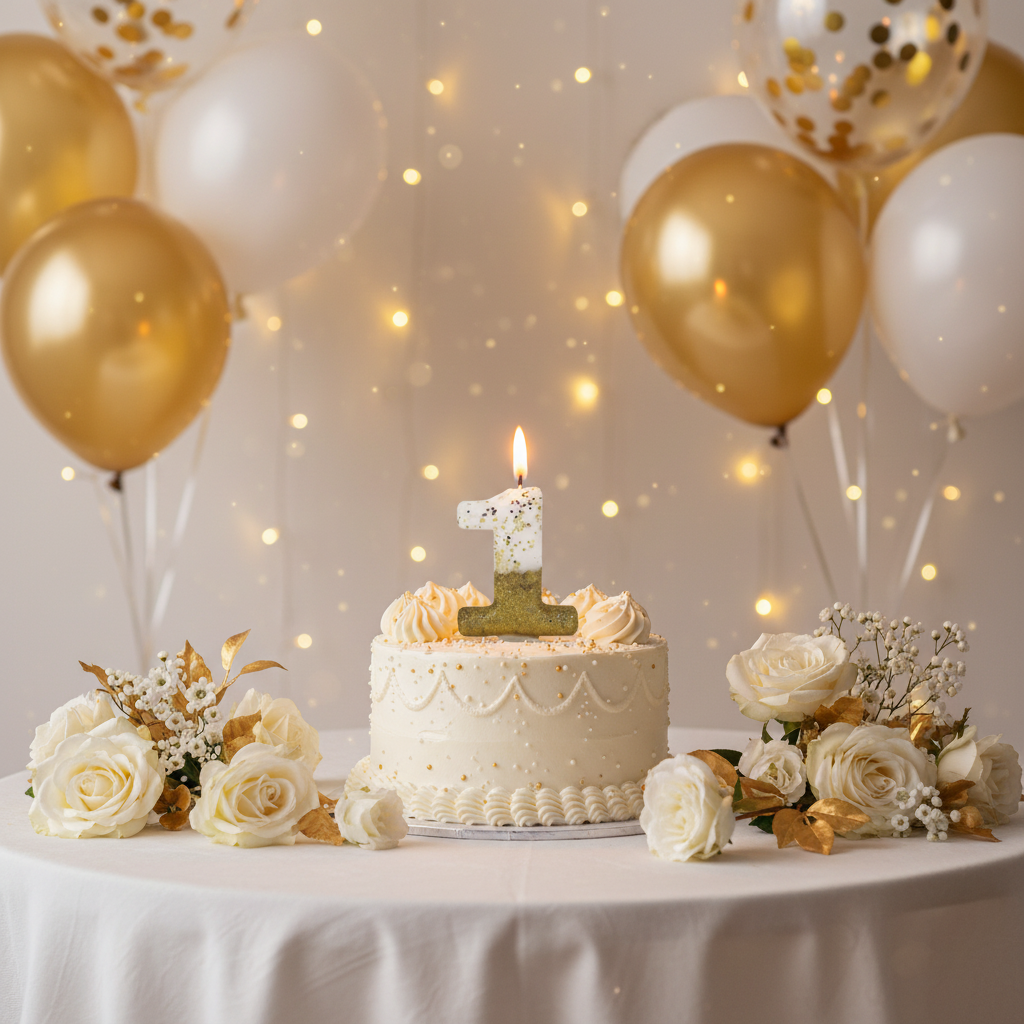 Semi glitter gold and white number 1 birthday candle lit and glowing on cake with gold white balloons