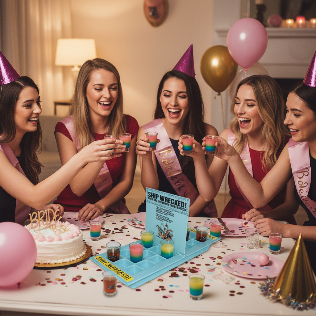 Ship Wrecked Battle Shots game being played at bachelorette party with colorful shot glasses girls laughing and having fun
