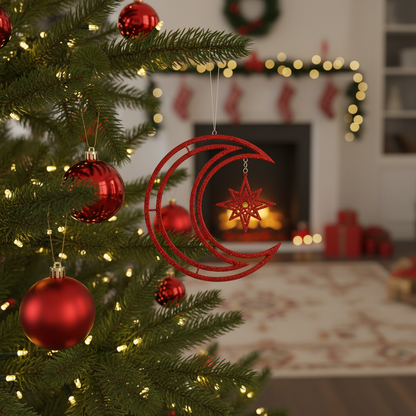 3D Red Moon & Star Ornament on Christmas Tree