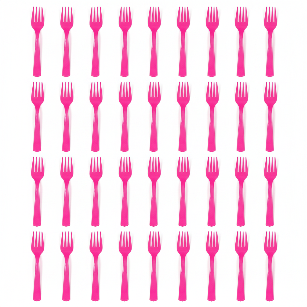 Hot pink disposable plastic forks flat lay on white background 20 piece set bold neon pink premium party cutlery