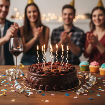 Lit twisty metallic silver spiral candles glowing on chocolate birthday cake with confetti