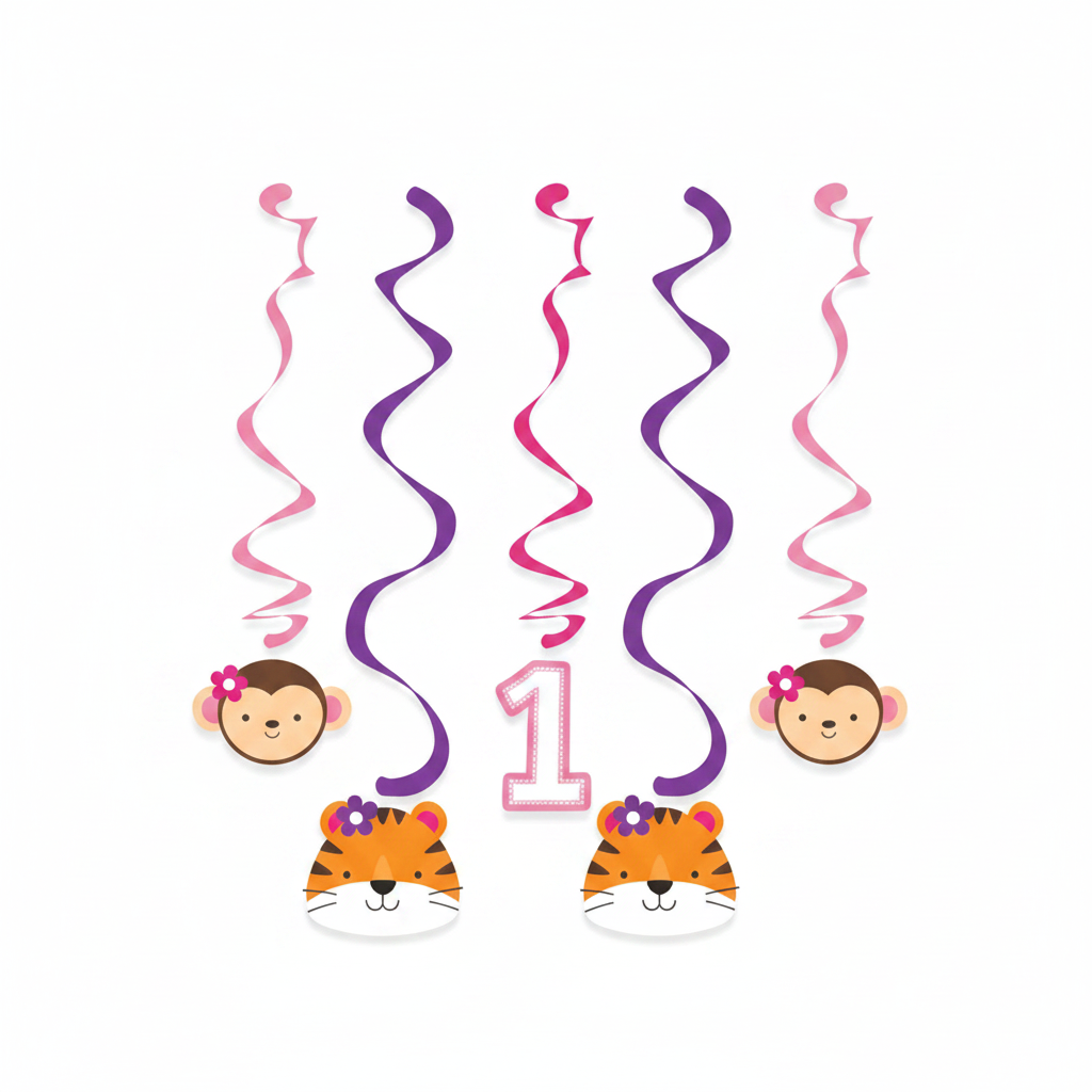 One is Fun girl birthday swirl danglers 5PC flat lay pink purple spiral danglers with monkey tiger faces and pink number 1
