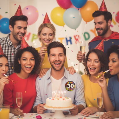 Person wearing 30th birthday badge with colorful sunburst design at birthday party with friends
