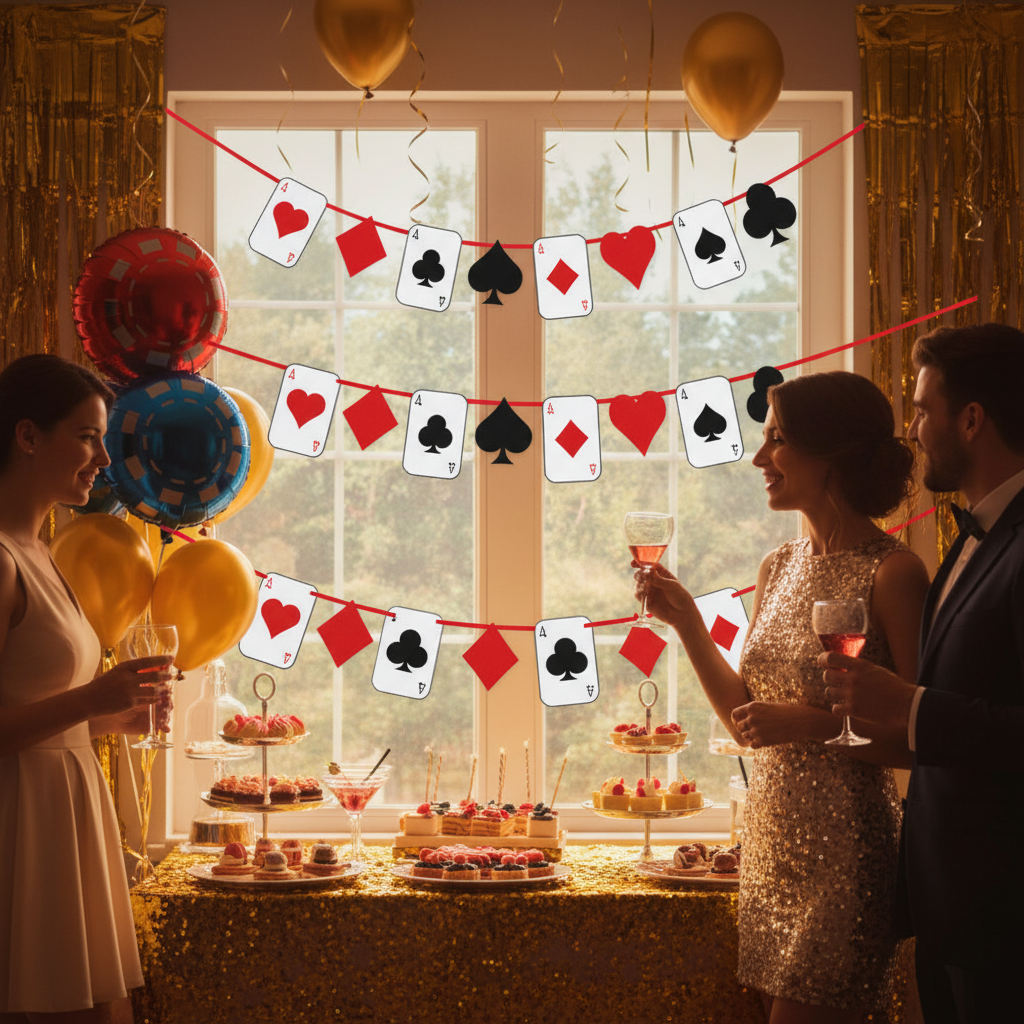 Casino ace garland at Las Vegas themed birthday party with poker chips balloons and gold decorations glamorous casino night