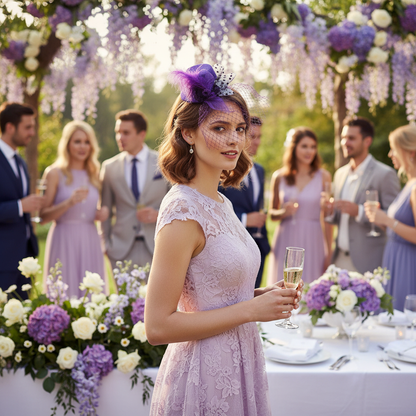 Purple Mini Top Hat Fascinator worn at Garden Wedding Party
