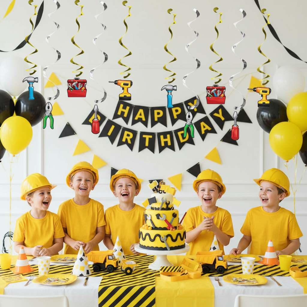 Yellow and green swirl danglers with construction tool cutouts hammer drill screwdriver pliers toolbox at boys construction birthday party