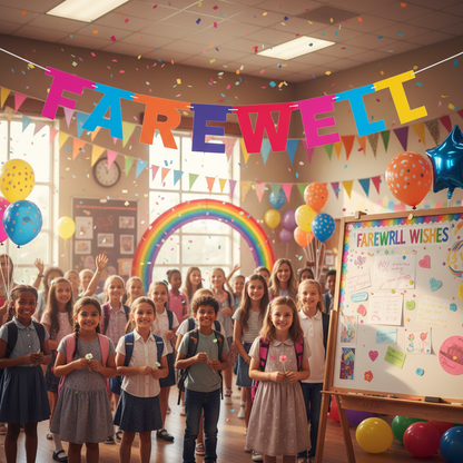 Colorful Farewell banner at school or classroom farewell event with students
