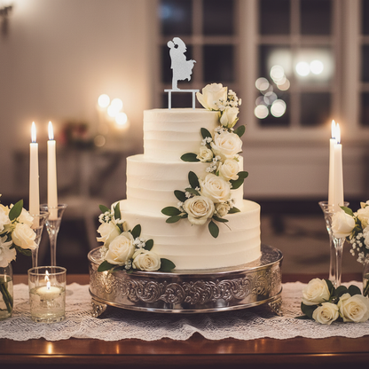 Wedding couple silhouette silver acrylic cake topper on white wedding cake with roses and candles