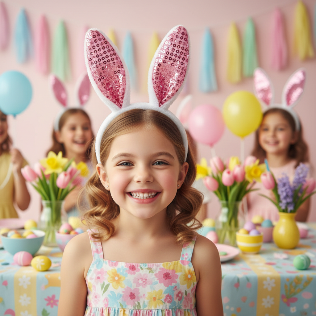 Pink Sequin Bunny Ears Headband worn at Easter Party