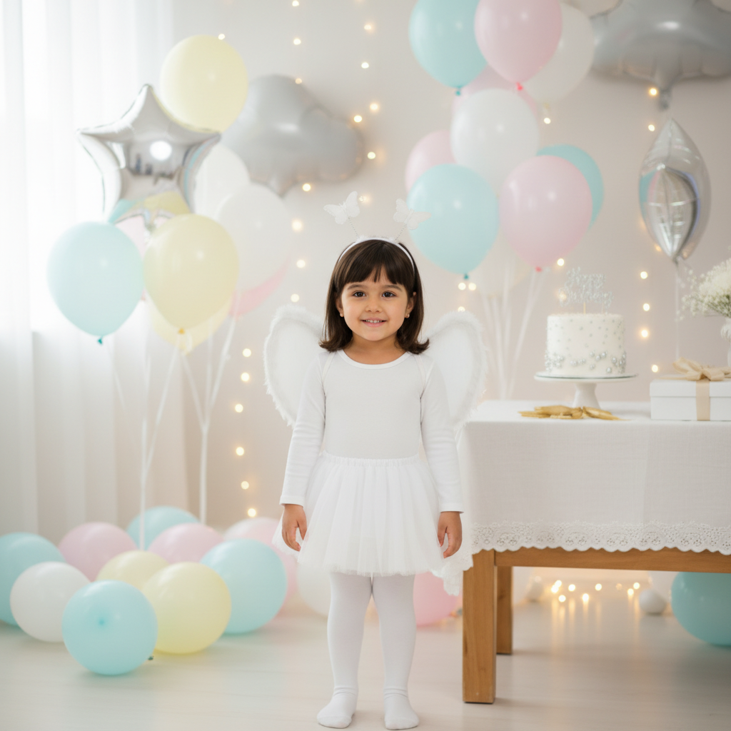 Cute little girl wearing white angel tutu costume with wings and halo headband at birthday party