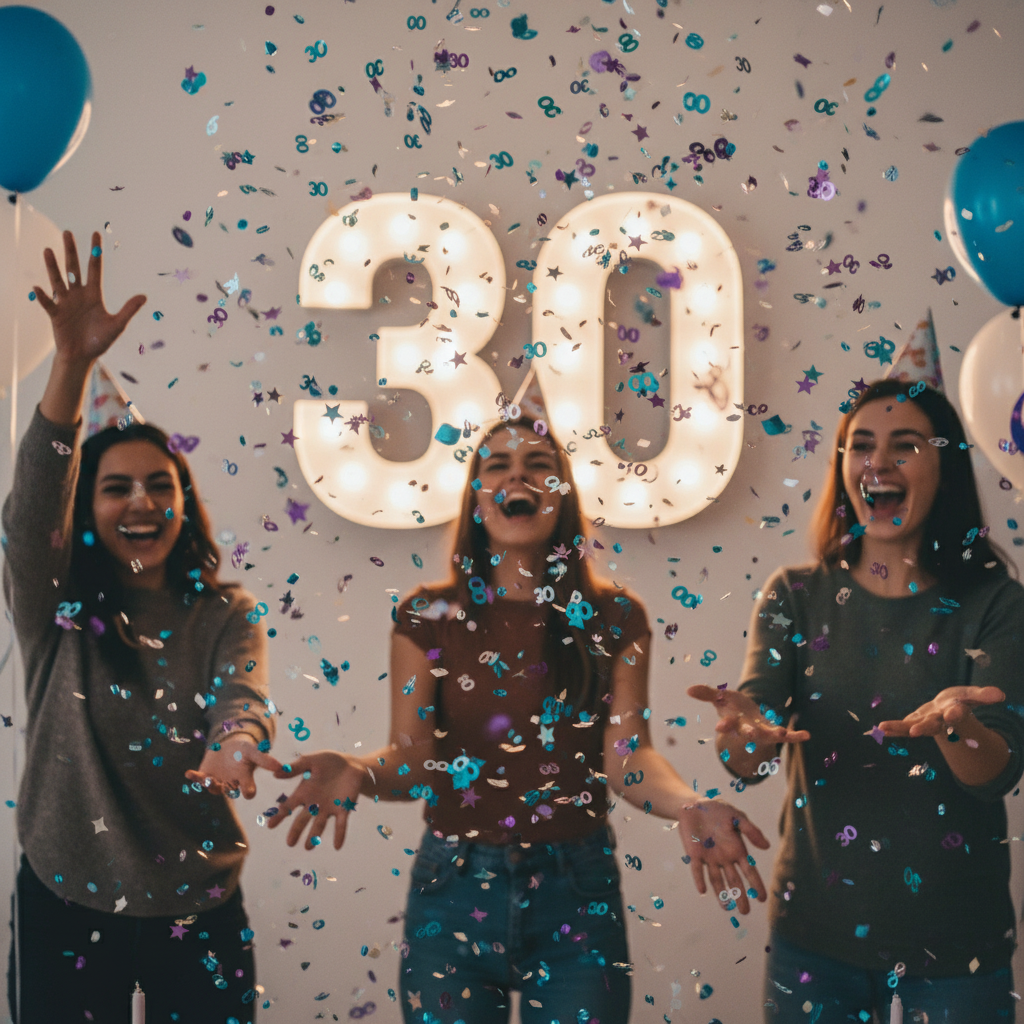 Colorful 30th birthday confetti mix being thrown in air at milestone birthday party