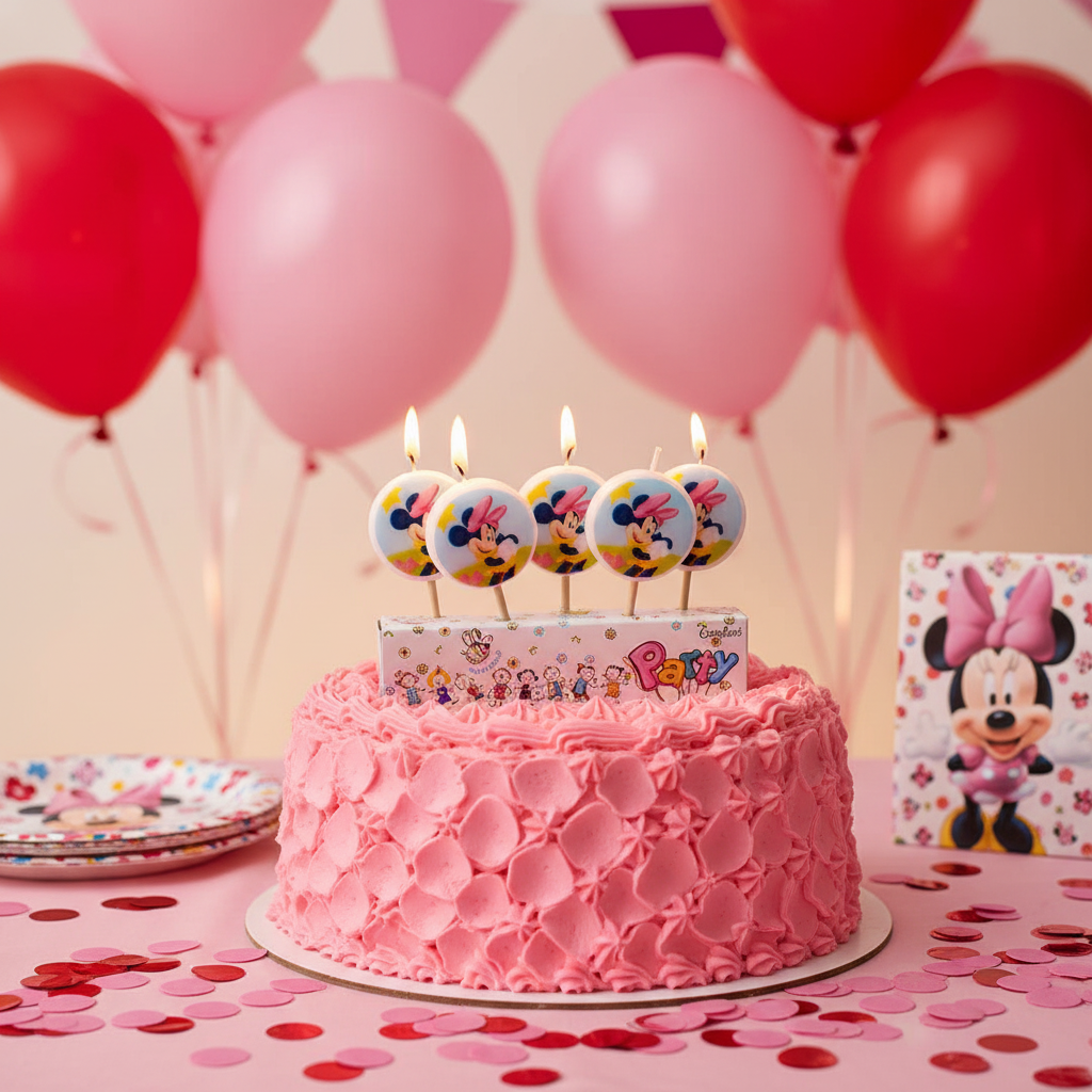 Minnie Mouse birthday candles on pink birthday cake with balloons