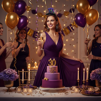 Purple Happy Birthday Mini Top Hat Headband worn at Adult Birthday Party