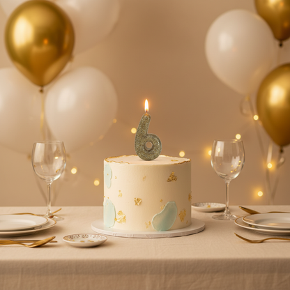 Golden glitter number 6 candle lit on white frosted birthday cake with gold balloons