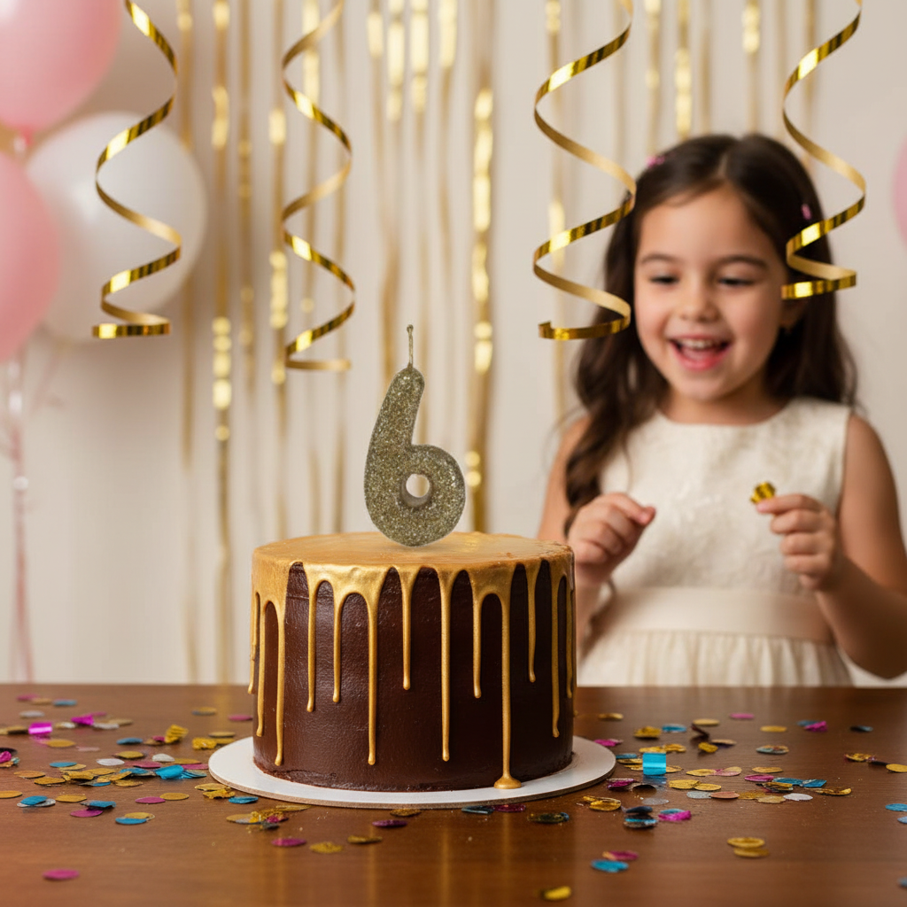 Golden glitter number 6 candle on chocolate cake with gold drip and confetti